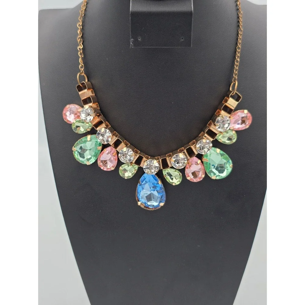 Multicolor‎ Statement Bib Necklace Gold Tone Teardrop Round Faceted Rhinestone